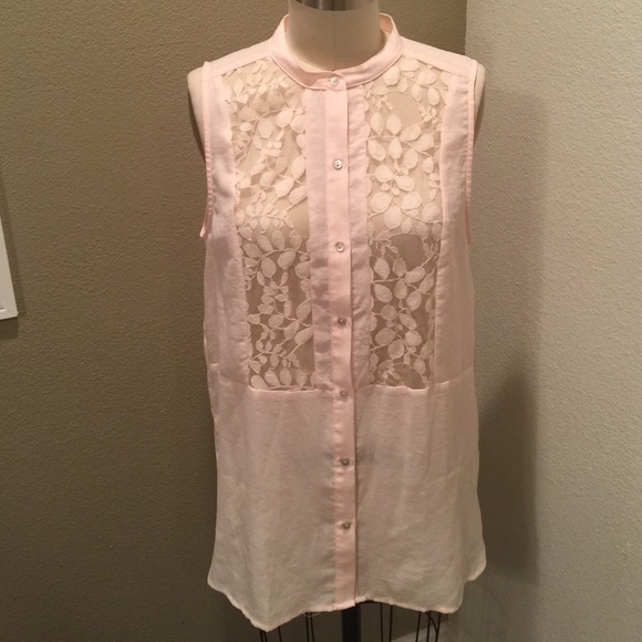Pale pink sheer panel no sleeve button down blouse - Picture 1 of 4